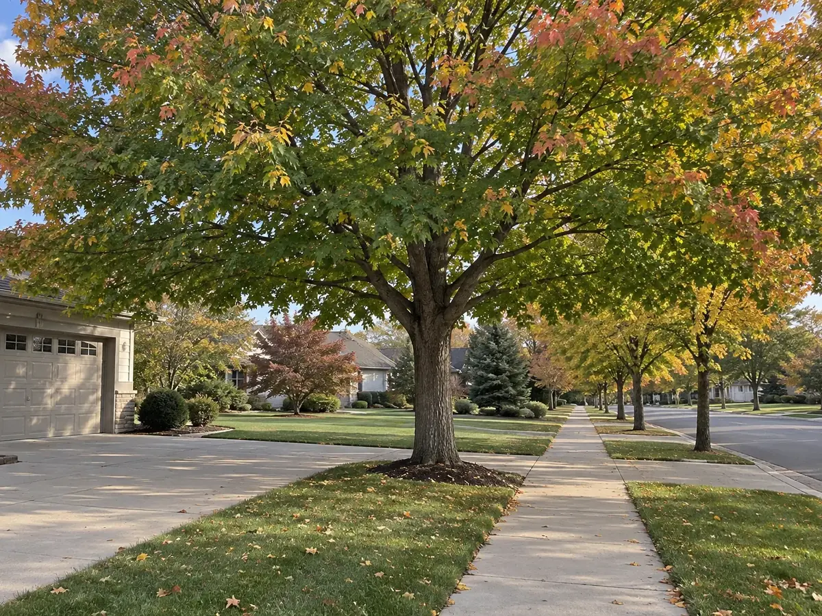 A tree's lower branches raised clear of a driveway and sidewalk
