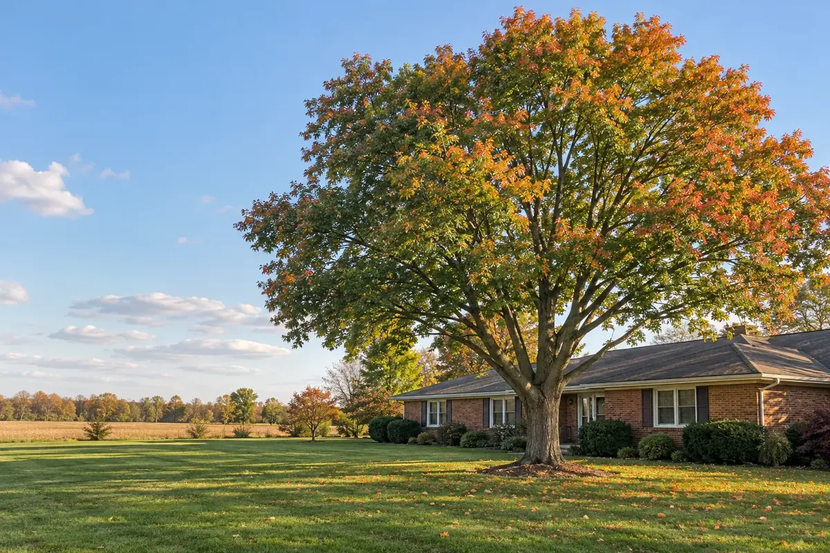 A large maple with a well-shaped, freshly trimmed canopy in front of a brick ranch house